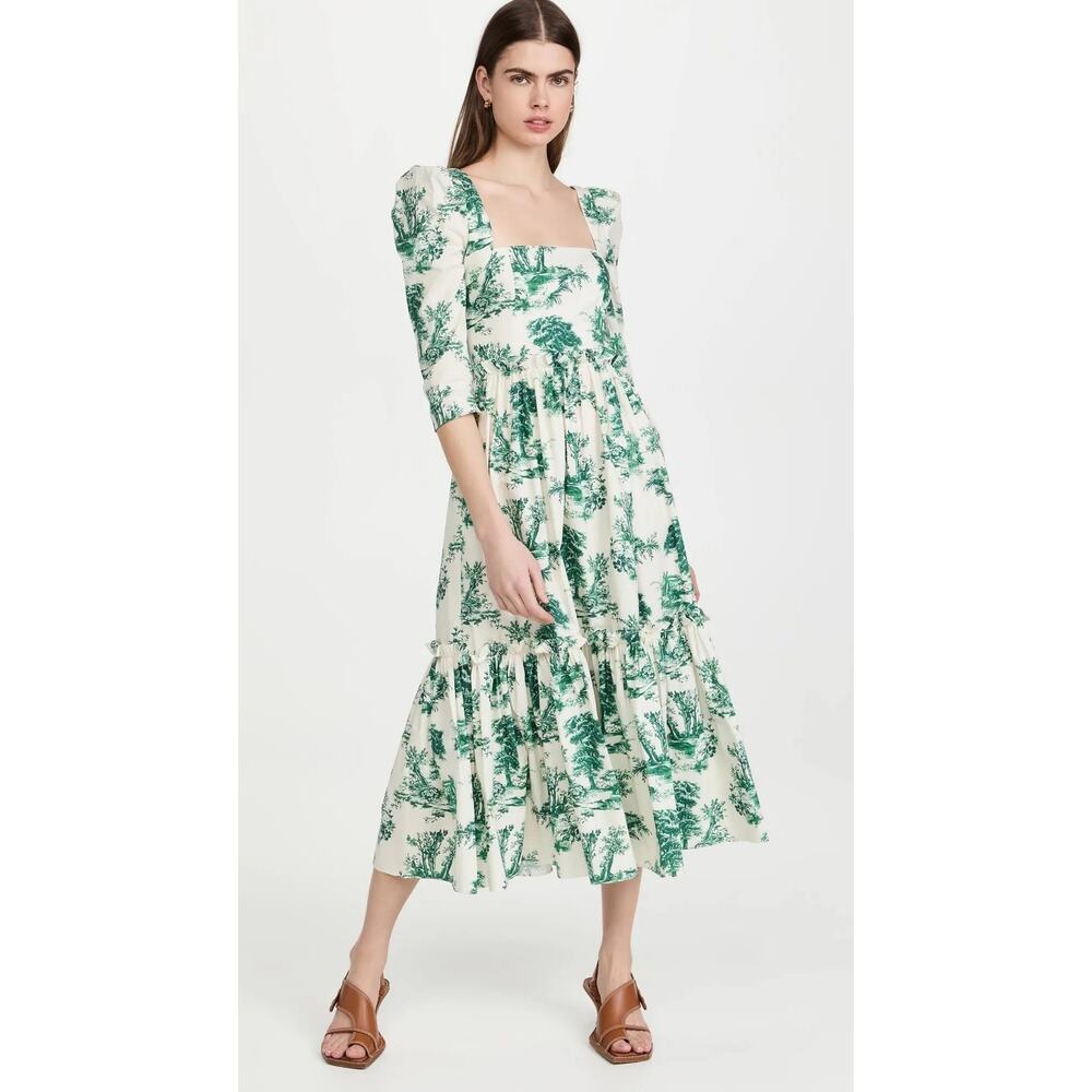 Cara Cara Blue Hill Toile Midi Dress Size 10 Green Botanical Cotton Garden Party - Picture 14 of 15